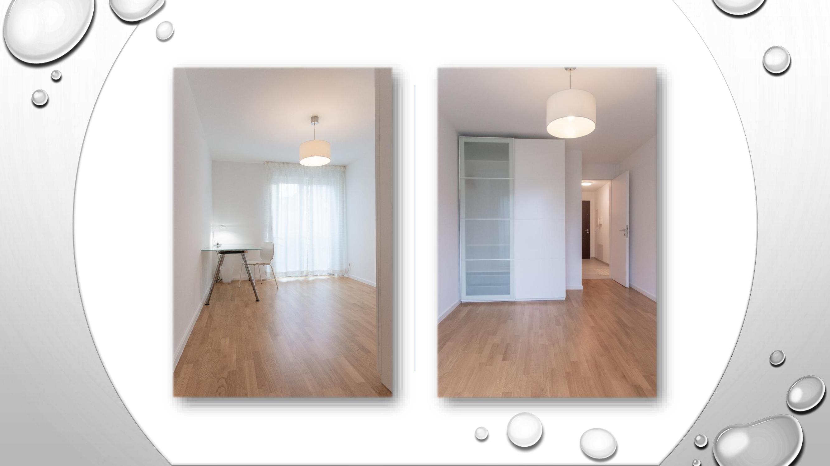 Zwei Bilder aus dem Wohnzimmer: Eines zum Fenster hin und eines Richtung Eingangstür